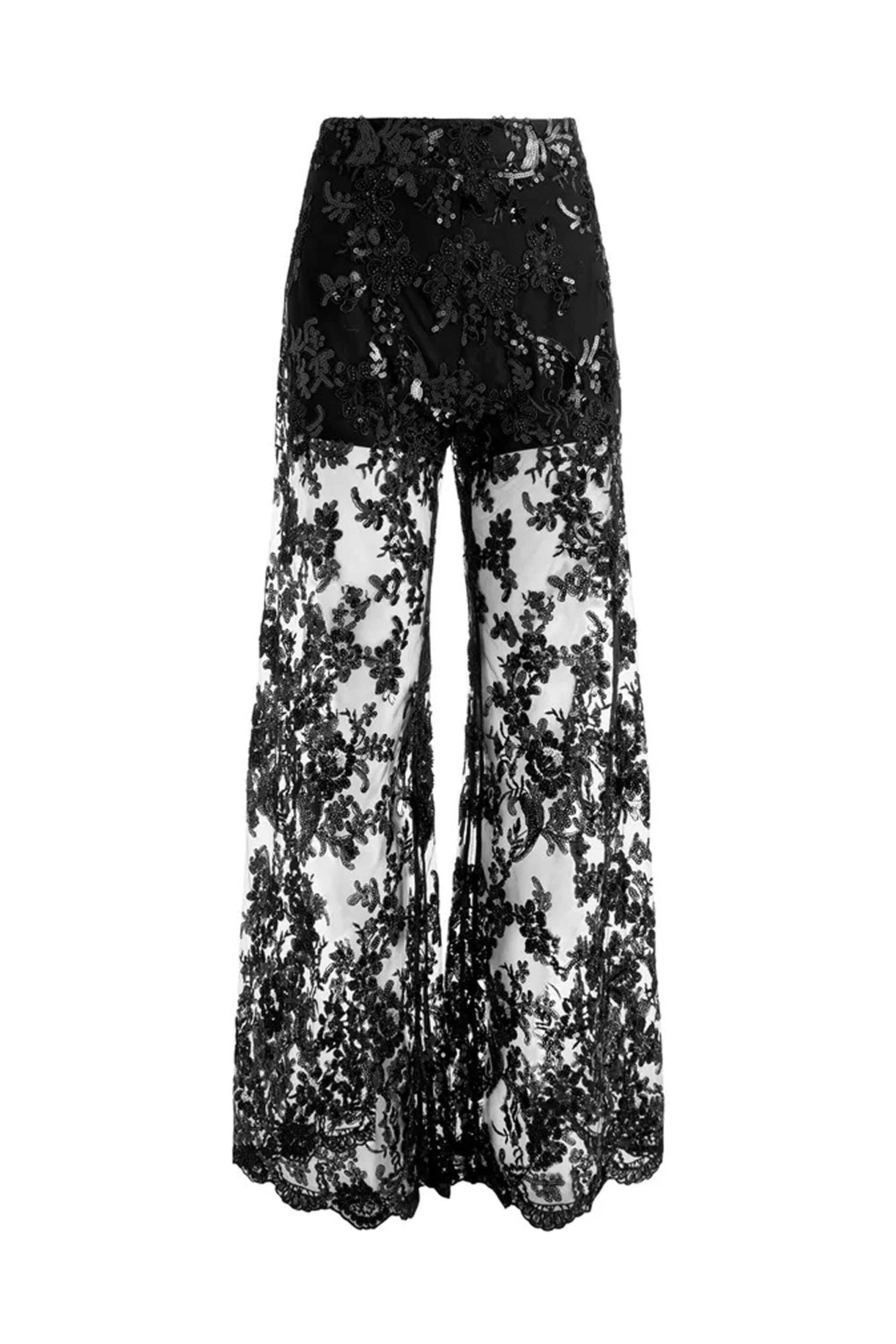 Alice & Olivia - Black Athena Embellished Sheer Lace Flared Pant