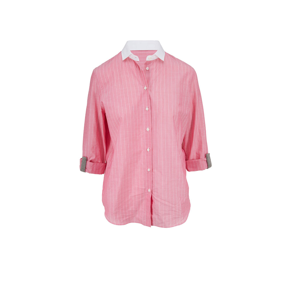 Brunello Cucinelli - Pink Cotton Pinstripe Button Down Shirt
