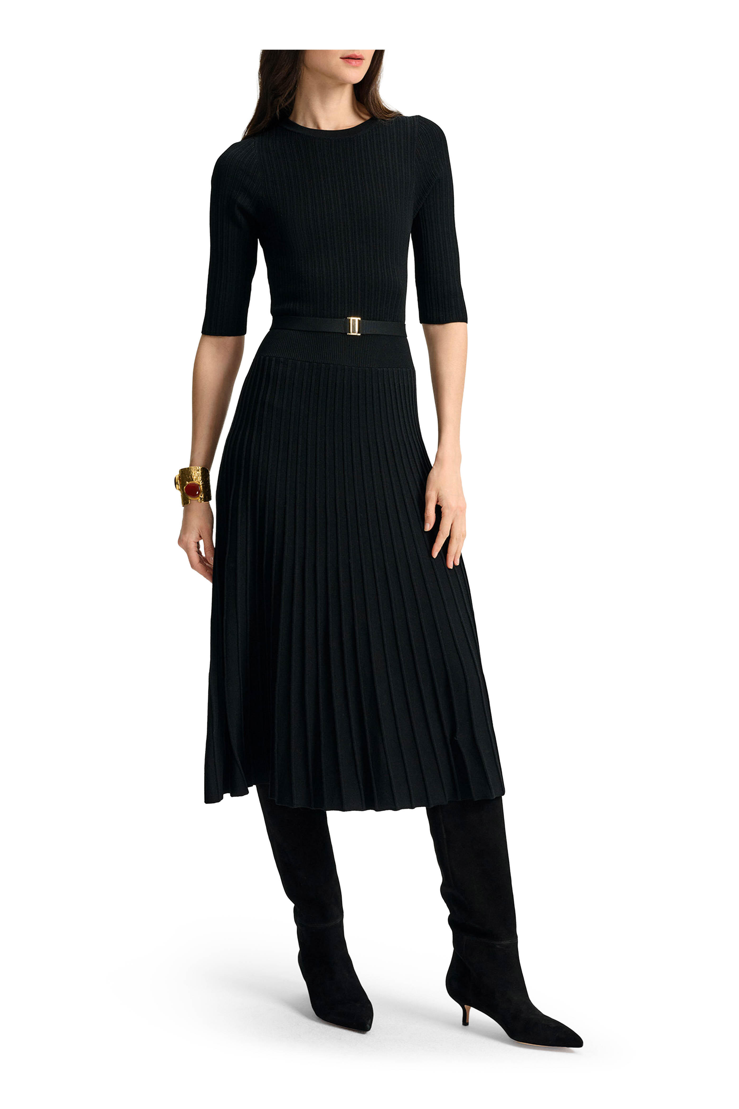 Veronica Beard - Elthea Black Ribbed Belted Midi Dress