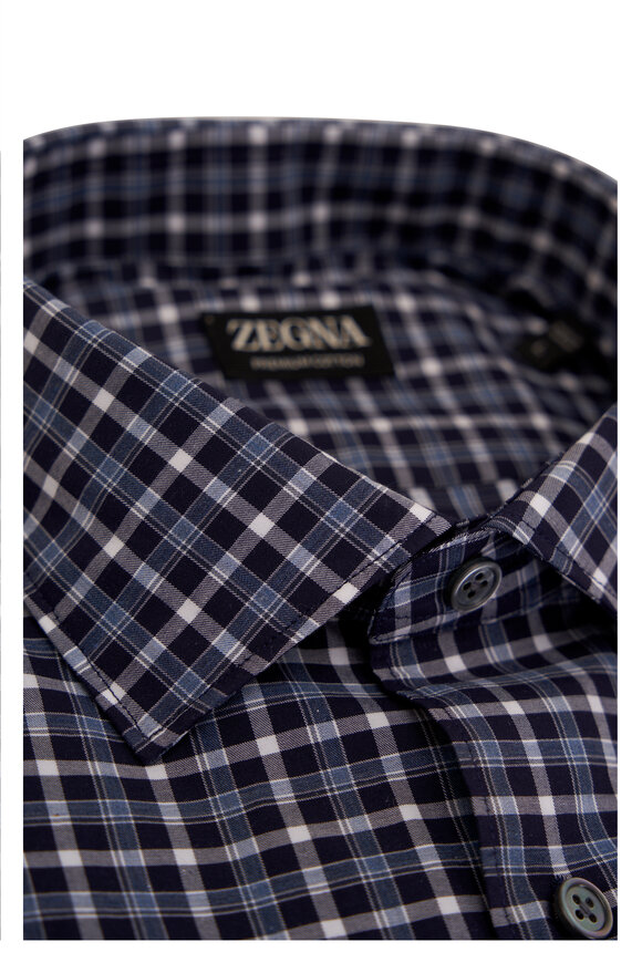 Zegna - Navy Plaid Cotton Sport Shirt