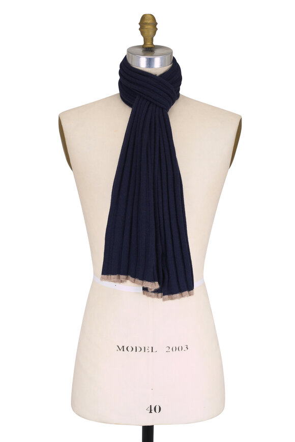 Brunello Cucinelli Navy & Tan Ribbed Cashmere Scarf - view 1