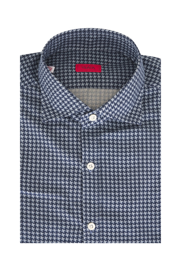 Isaia Blue Cotton Houndstooth Sport Shirt - view 1