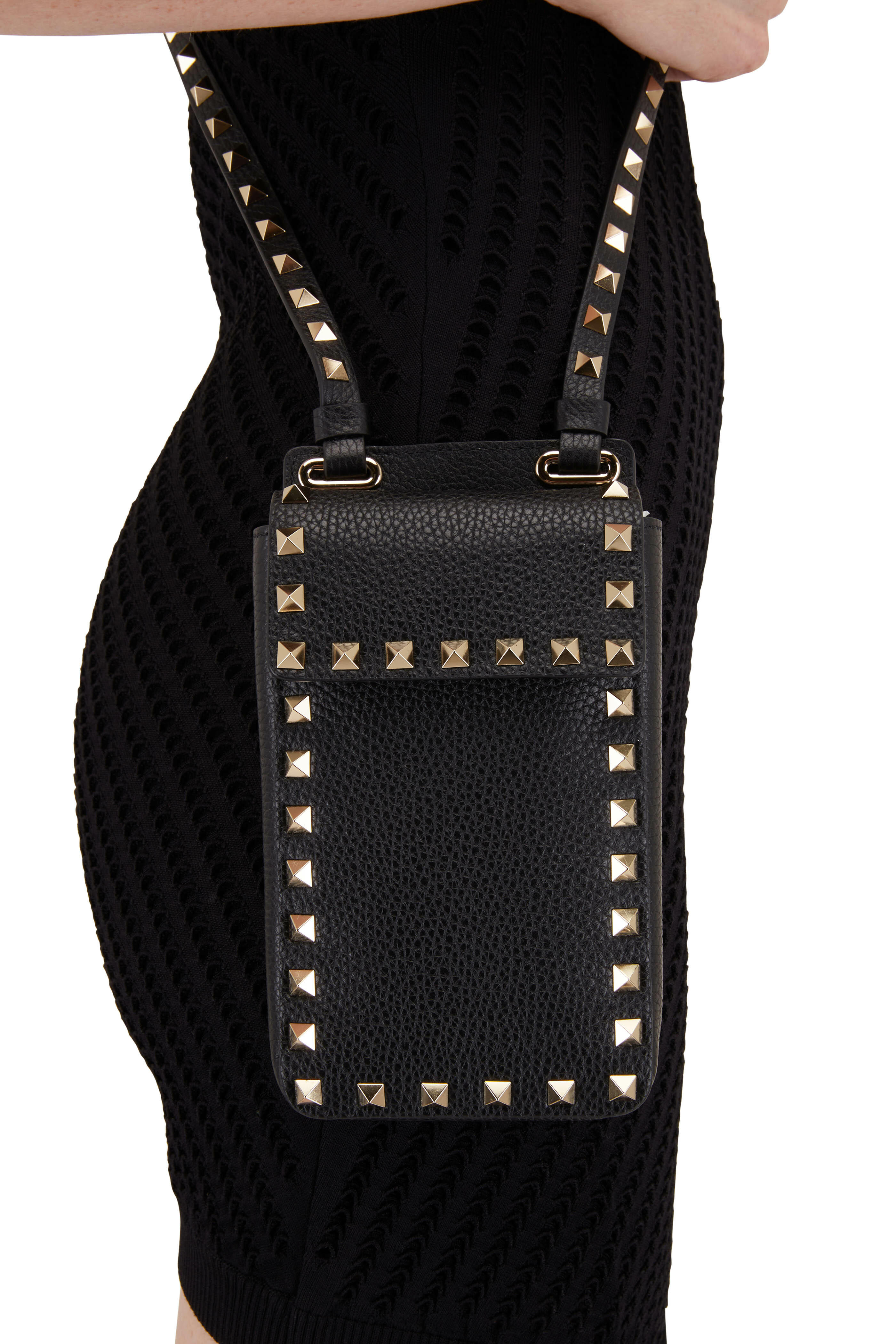Valentino Garavani Rockstud Black Leather Crossbody Phone Holder Bag