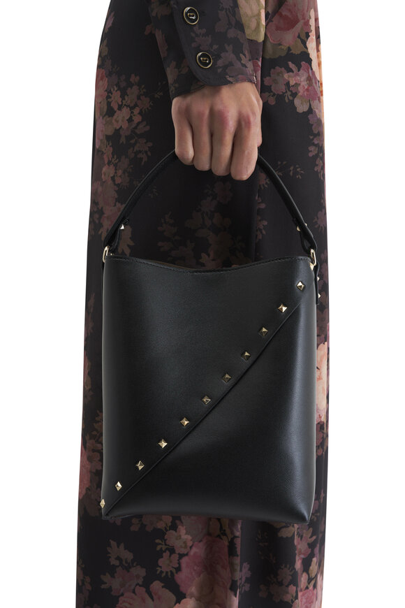 Valentino Garavani - Small Wispy Black Leather Bucket Bag