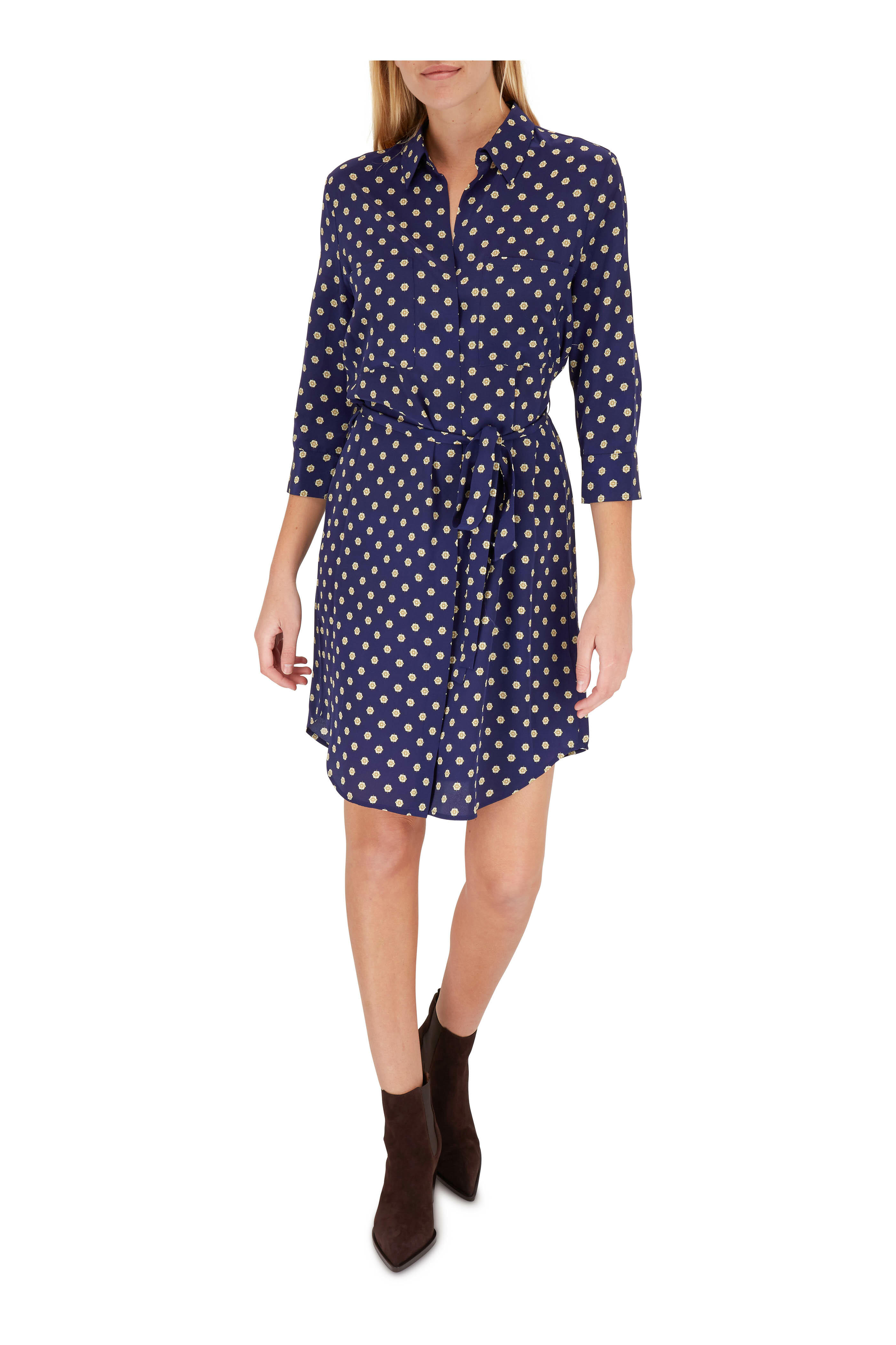 L'Agence - Stella Navy Medallion Print Silk Tie-Waist Dress