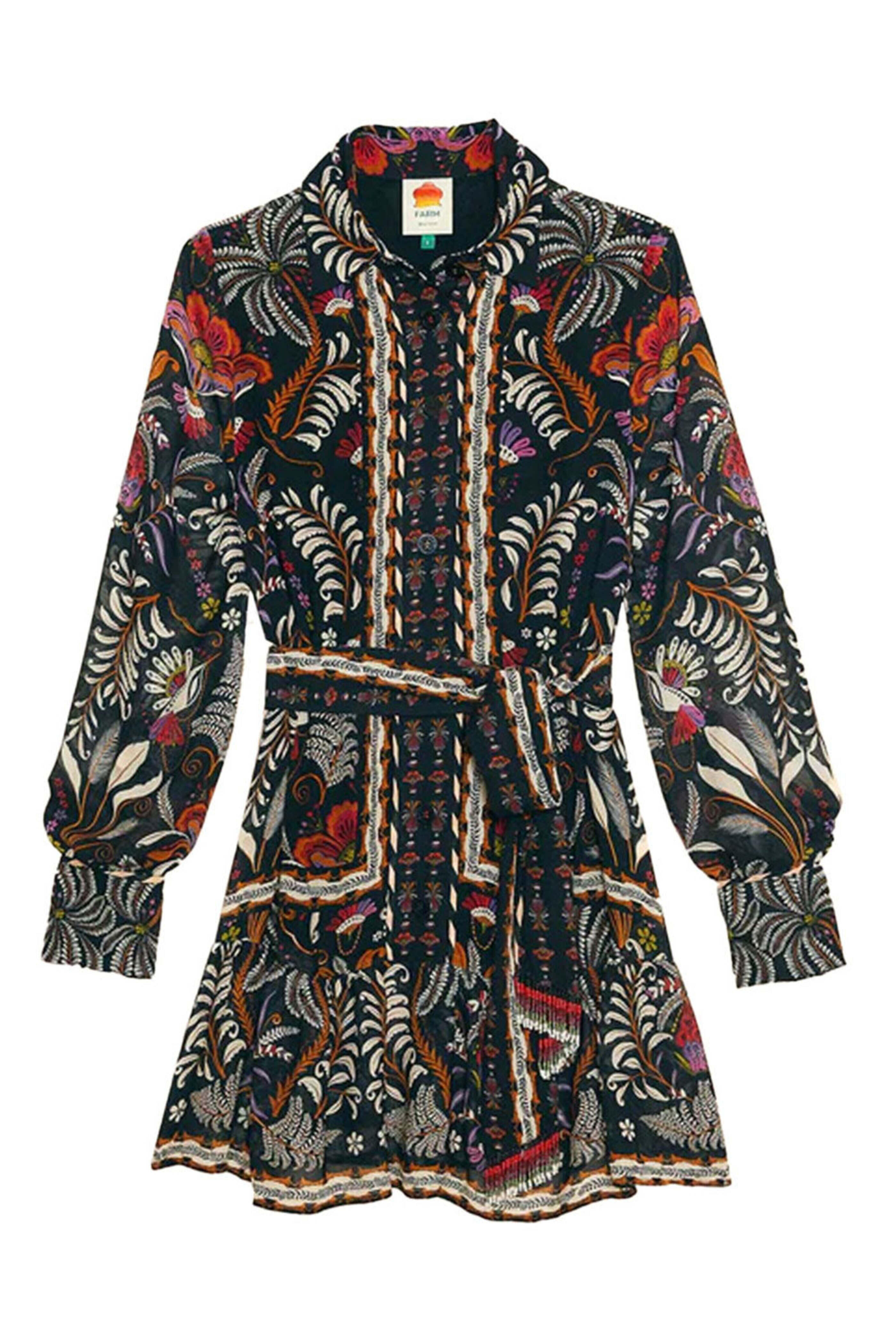 Farm Rio - Black Classic Garden Long Sleeve Mini Dress