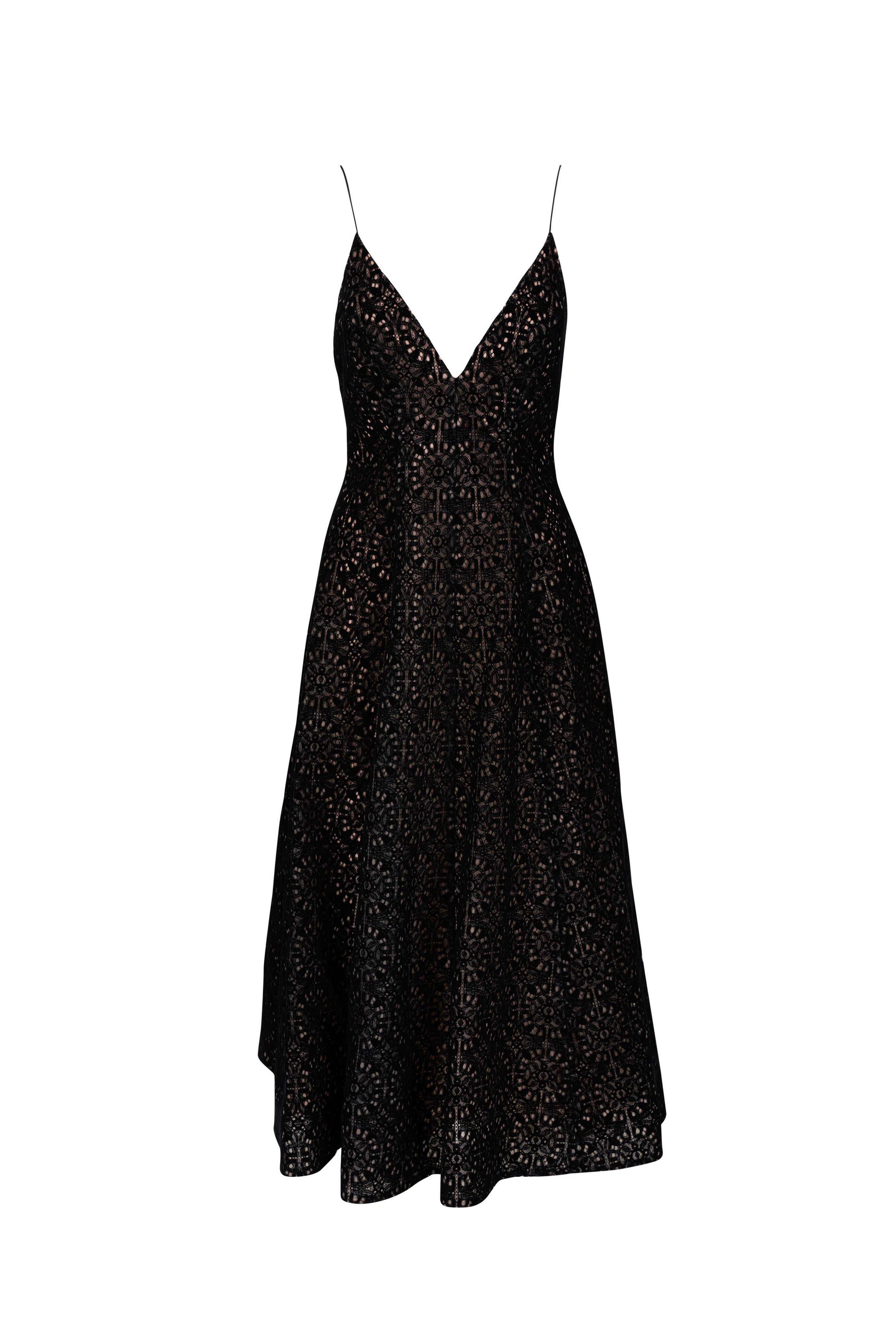 Lela Rose - Black Flocked Velvet Lace V-Neck Midi Dress