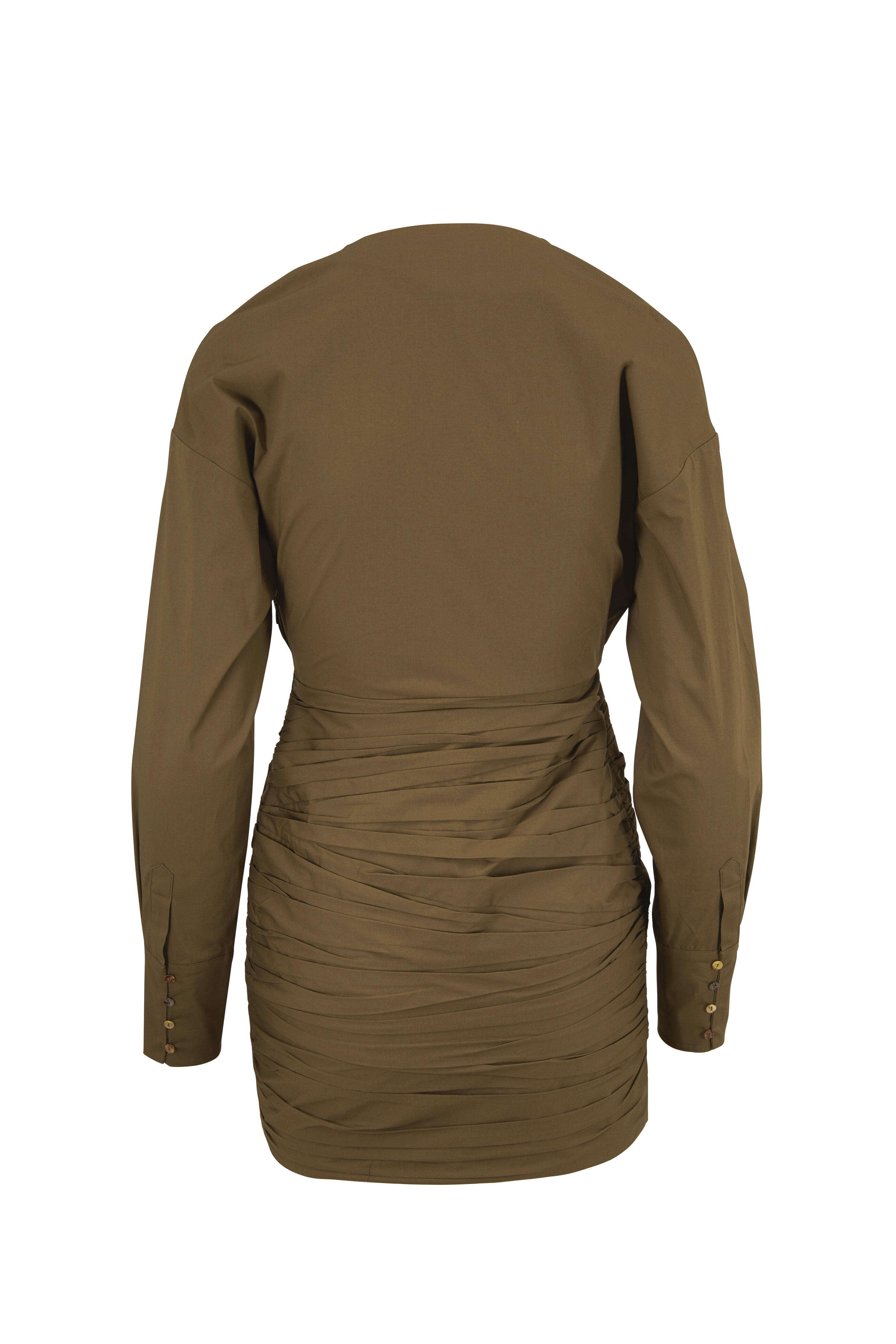 Zeynep Arcay - Khaki Green Ruched Cotton Long Sleeve Mini Dress
