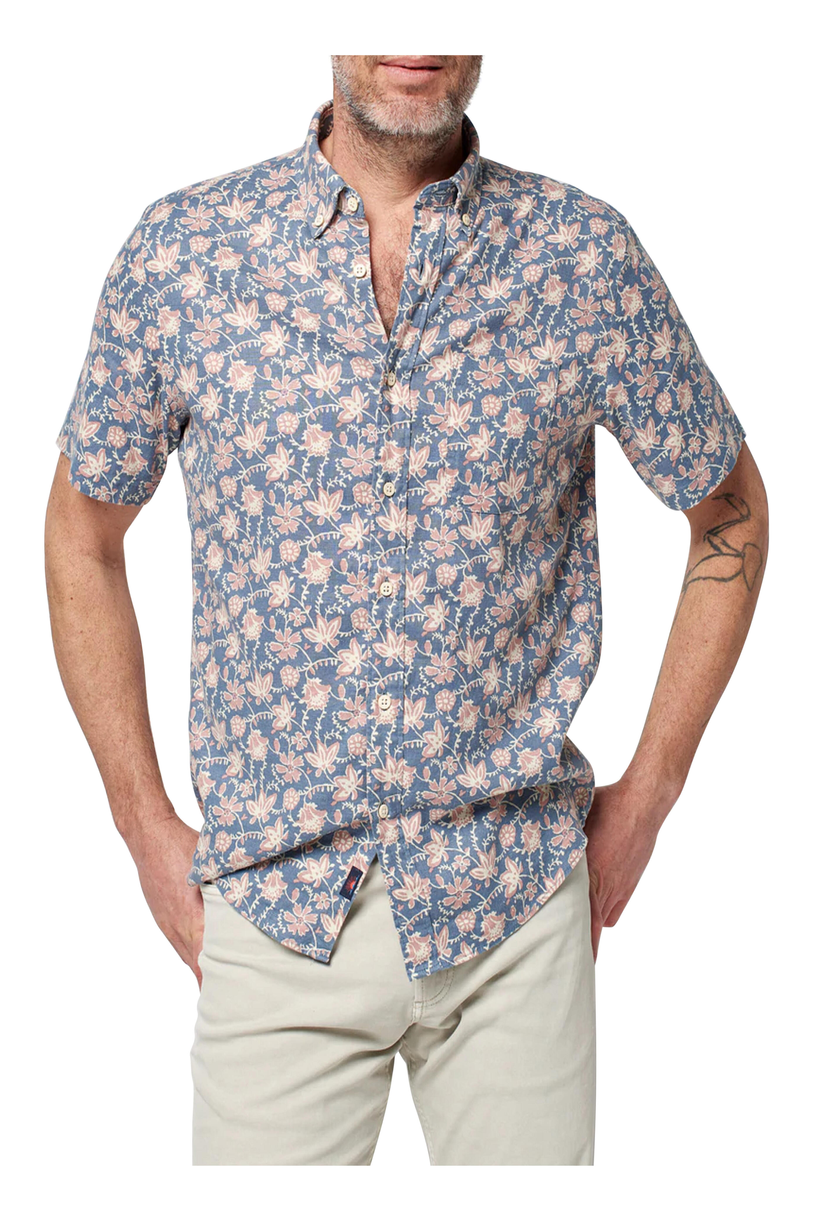 Faherty Brand - Blue Faded Floral Batik Short Sleeve Breeze Shirt