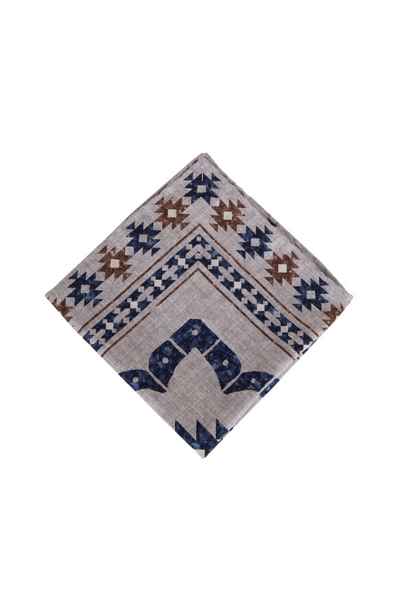 Brunello Cucinelli - Blue & Gray Aztec Print Pocket Square 