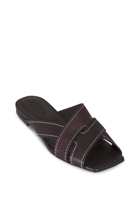 Tod's Brown Square Strappy Leather Flat Slide
