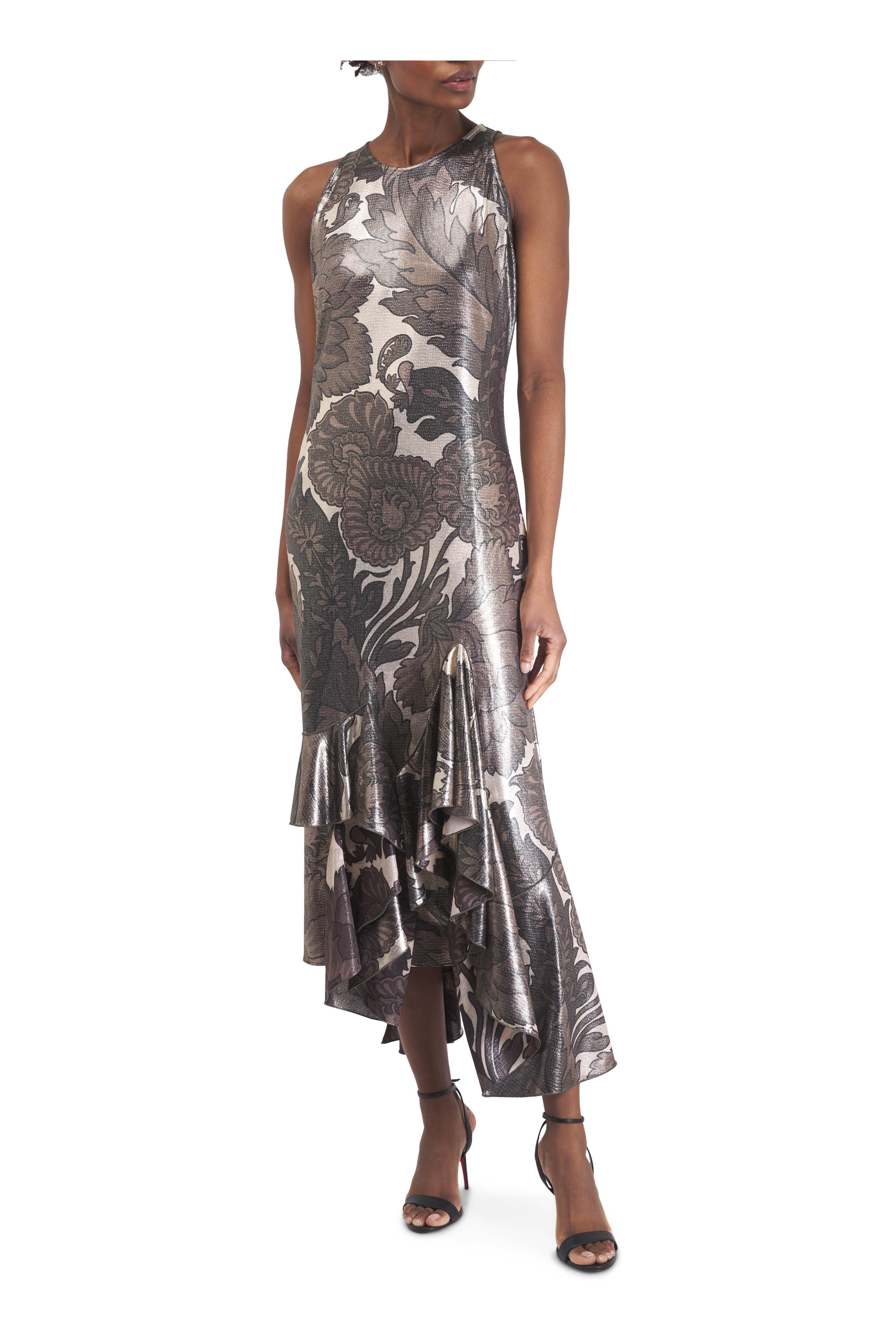 Etro - Gray Print Ruffle Hem Maxi Dress