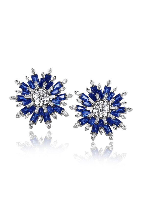 Nam Cho Blue Sapphire & Diamond Baguette Burst Earrings 