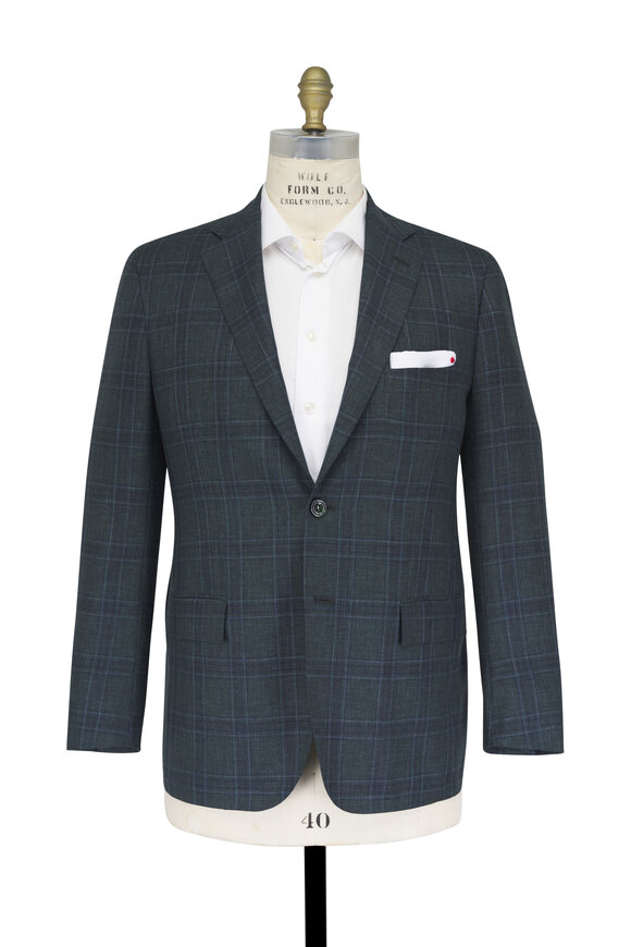 Kiton Green & Light Blue Windowpane Plaid Wool Sportcoat - view 2