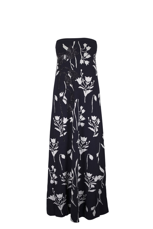 Lela Rose Floral Navy & Cream Jacquard Knit Beaded Dress