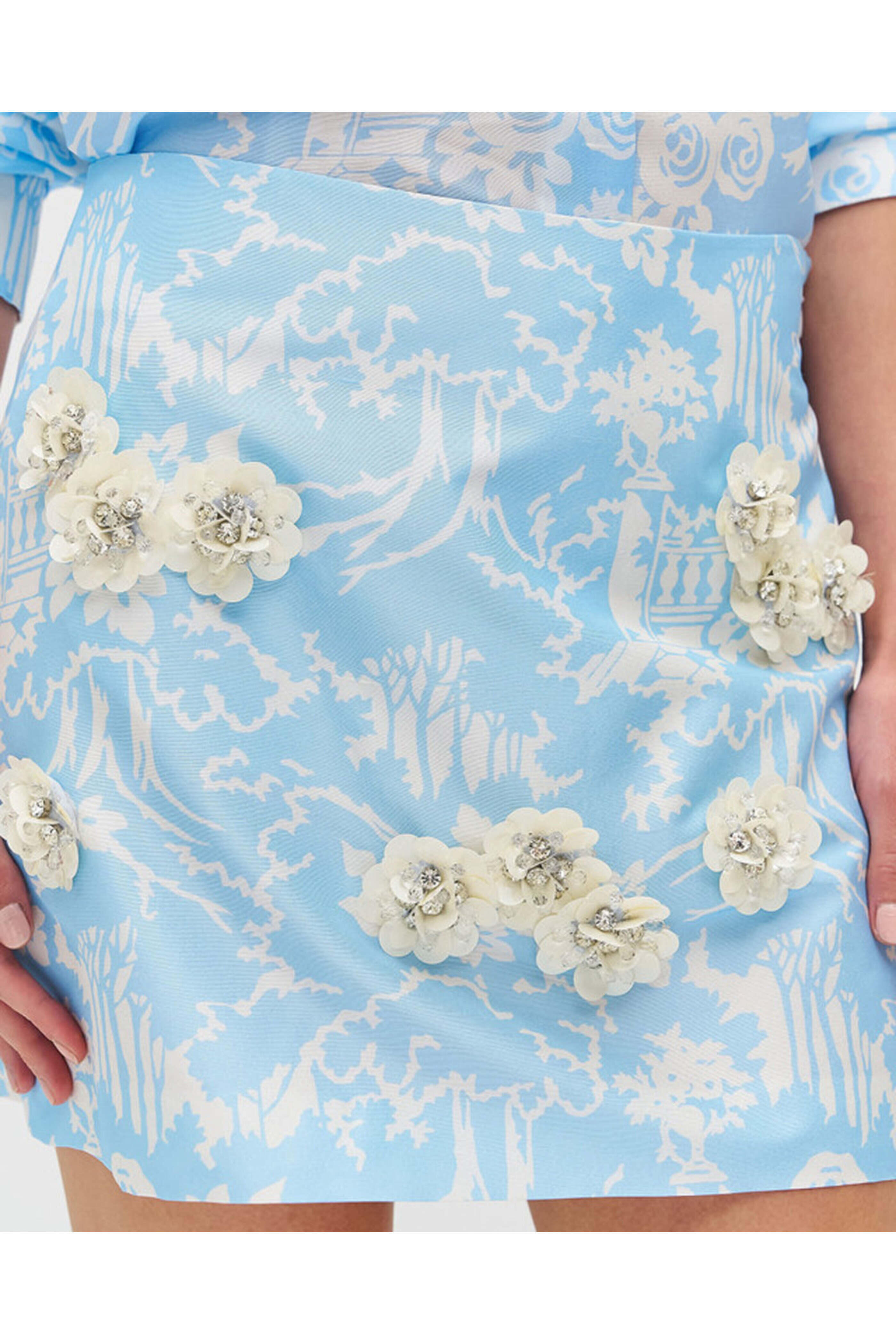 Oroton - Sky Blue Toile Embellished Garden Mini Skirt