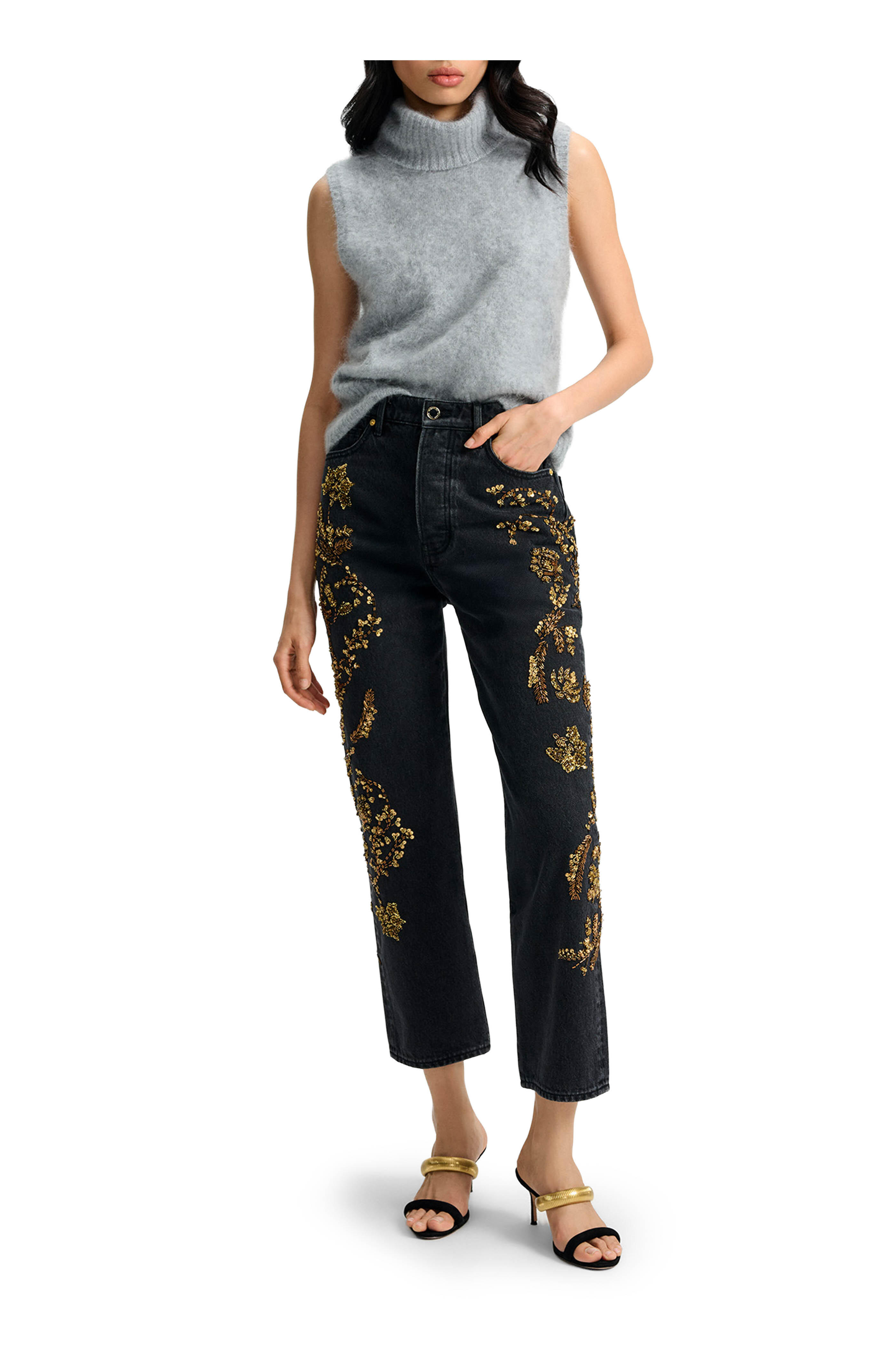 Veronica Beard - Daniela Black Onyx Embellished Straight Leg Jean