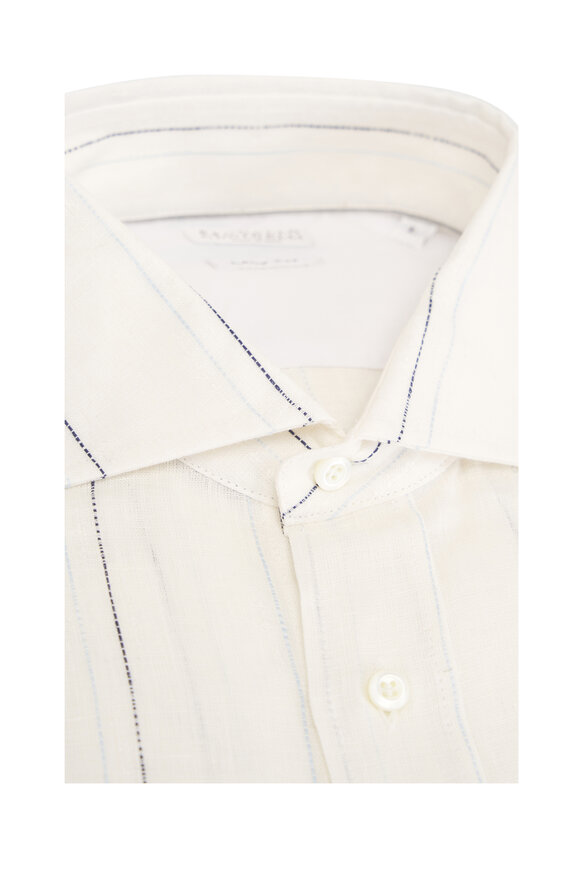 Brunello Cucinelli White & Light Blue Stripe Linen Dress Shirt - view 3
