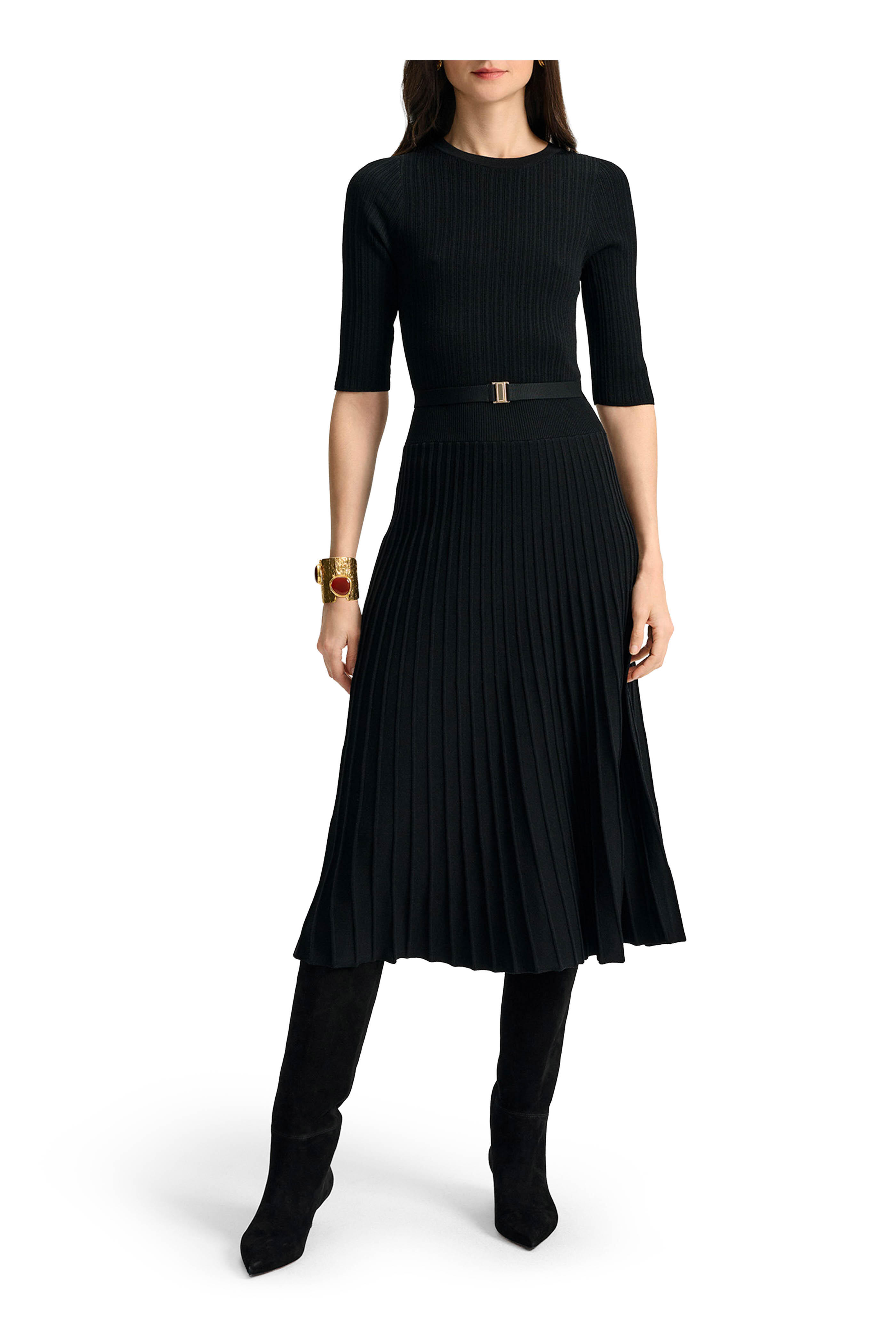 Veronica Beard - Elthea Black Ribbed Belted Midi Dress