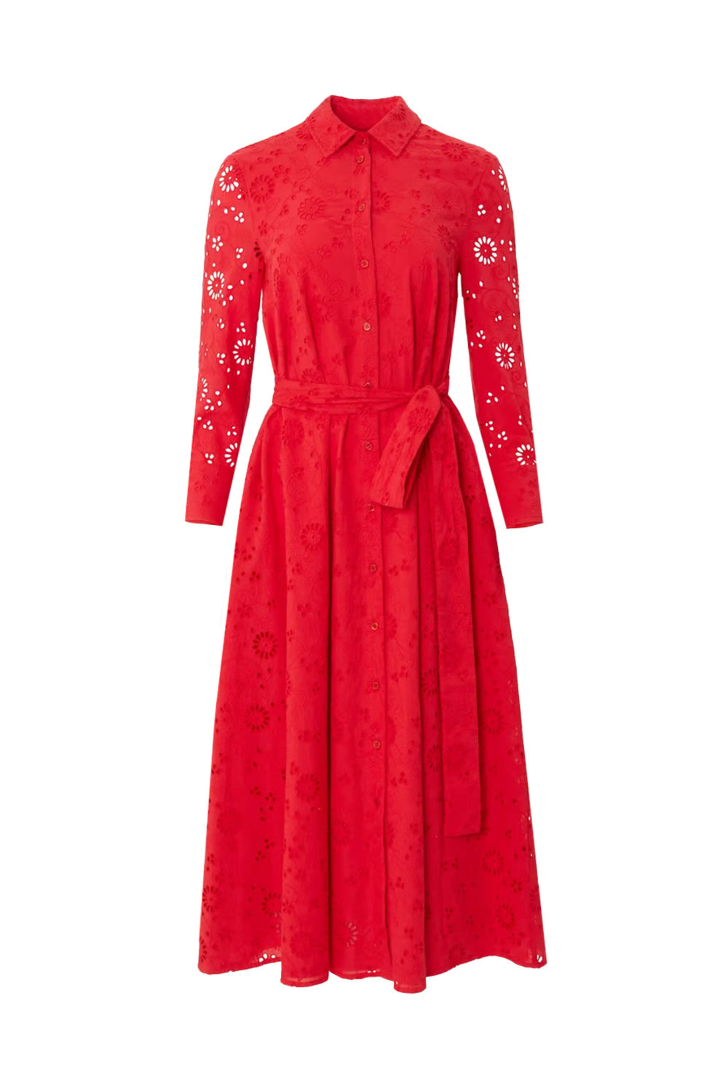 Carolina Herrera - Lacquer Red Collared Tie Waist Midi Shirt Dress