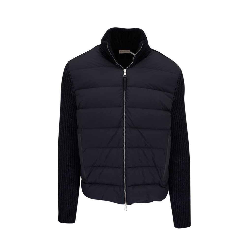 Moncler - Dark Blue Mixed Media Quilted Down Cardigan