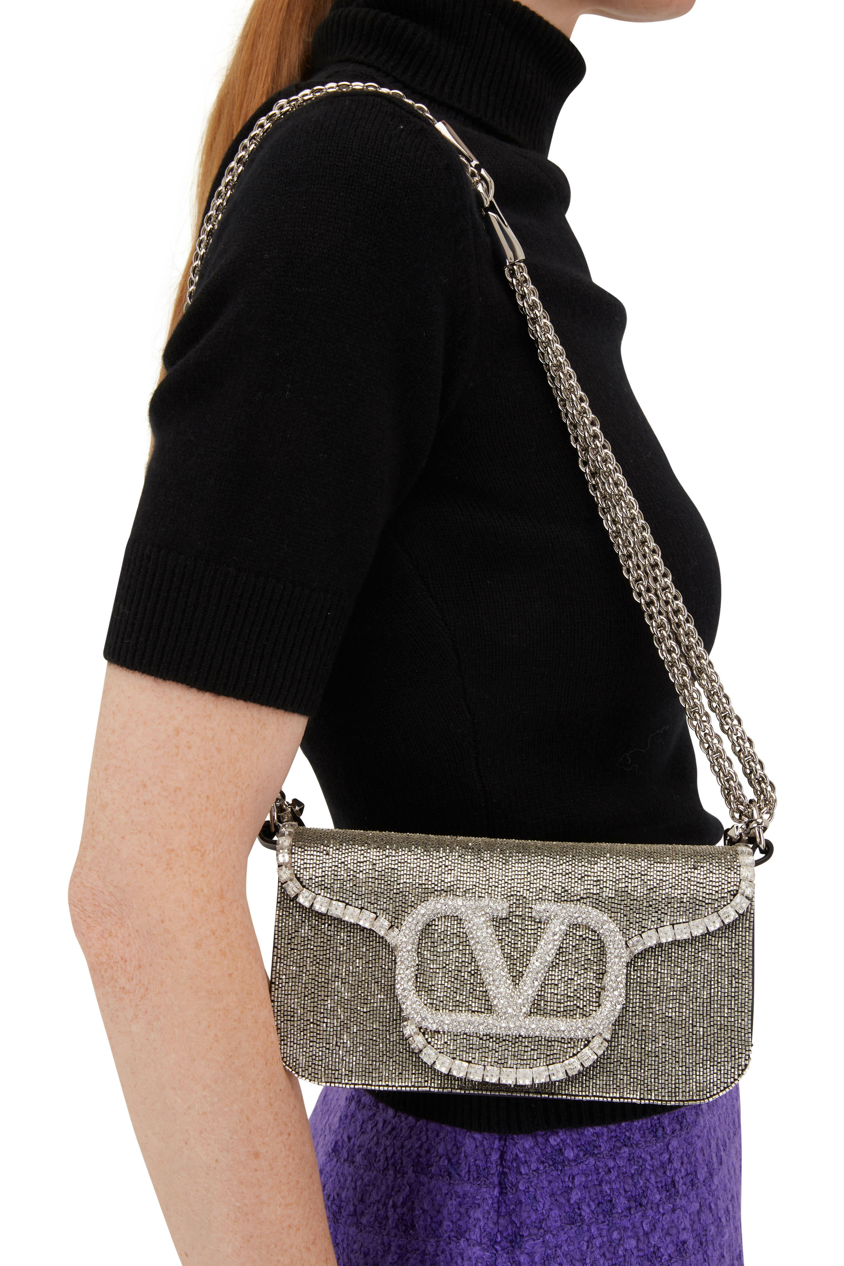 Locò VLOGO small embellished suede and metallic leather shoulder bag