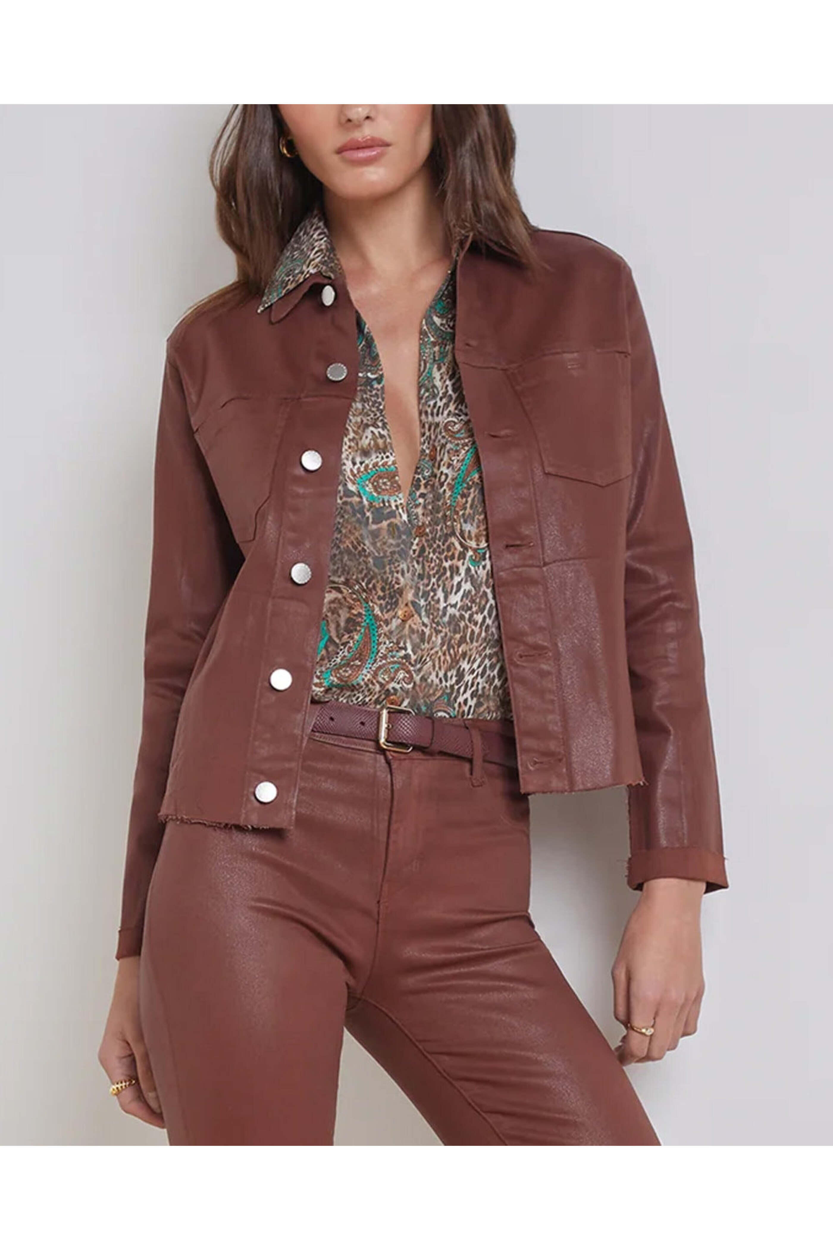 L'Agence - Dark Cinnamon Coated Janelle Slim Raw Denim Jacket