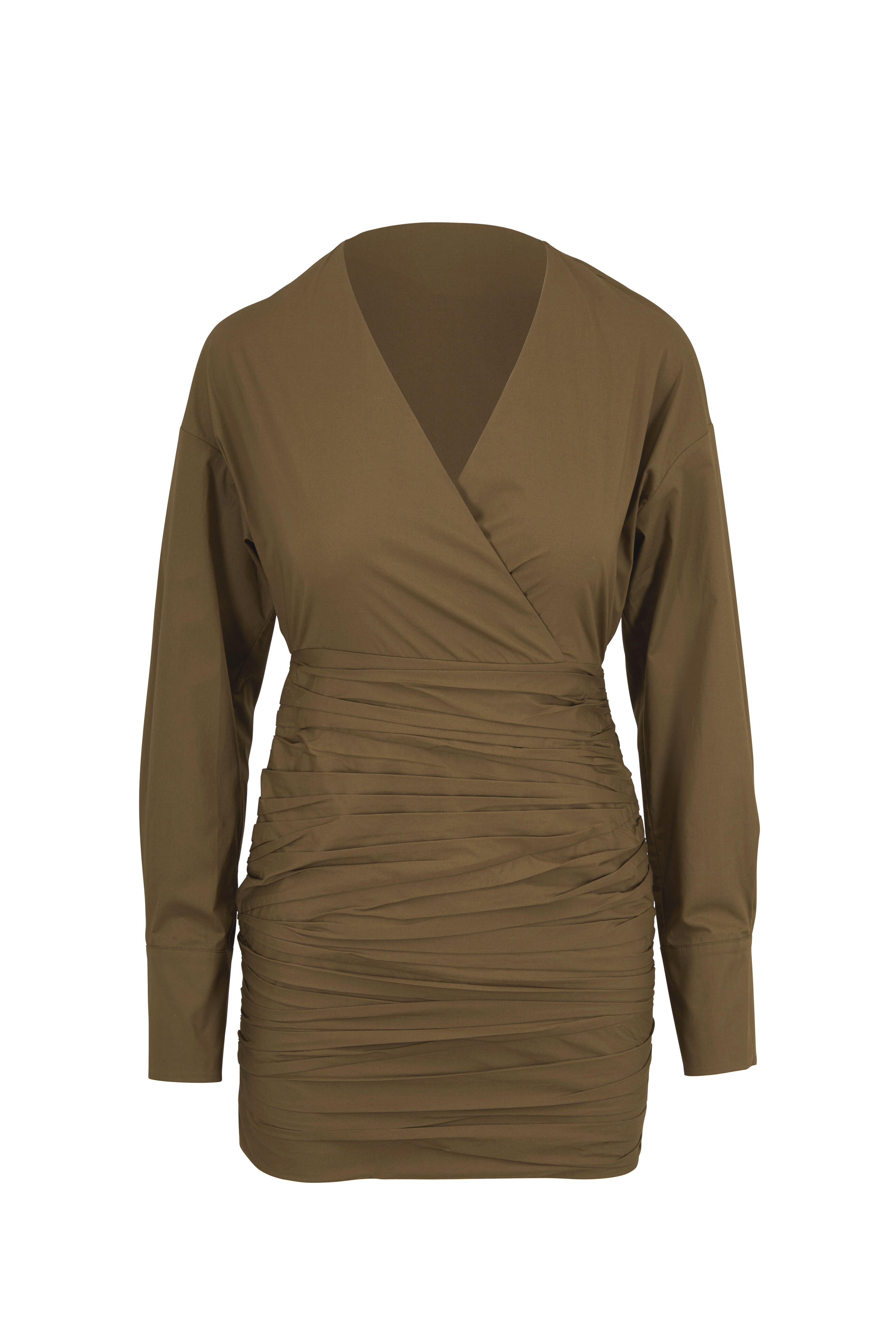 Zeynep Arcay - Khaki Green Ruched Cotton Long Sleeve Mini Dress