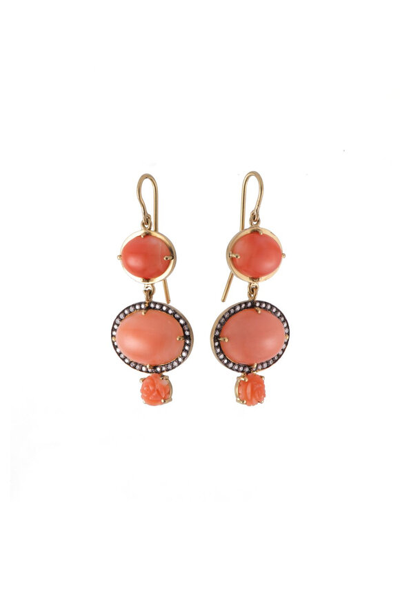 Sylva & Cie Diamond & Coral Triple Drop Earrings - view 1