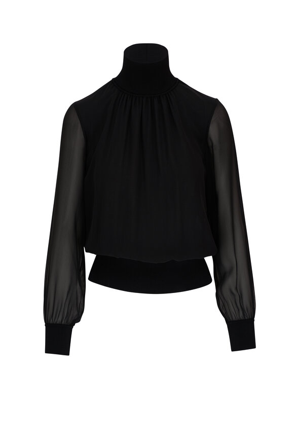 Lafayette 148 New York Black Silk Georgette Turtleneck Blouse