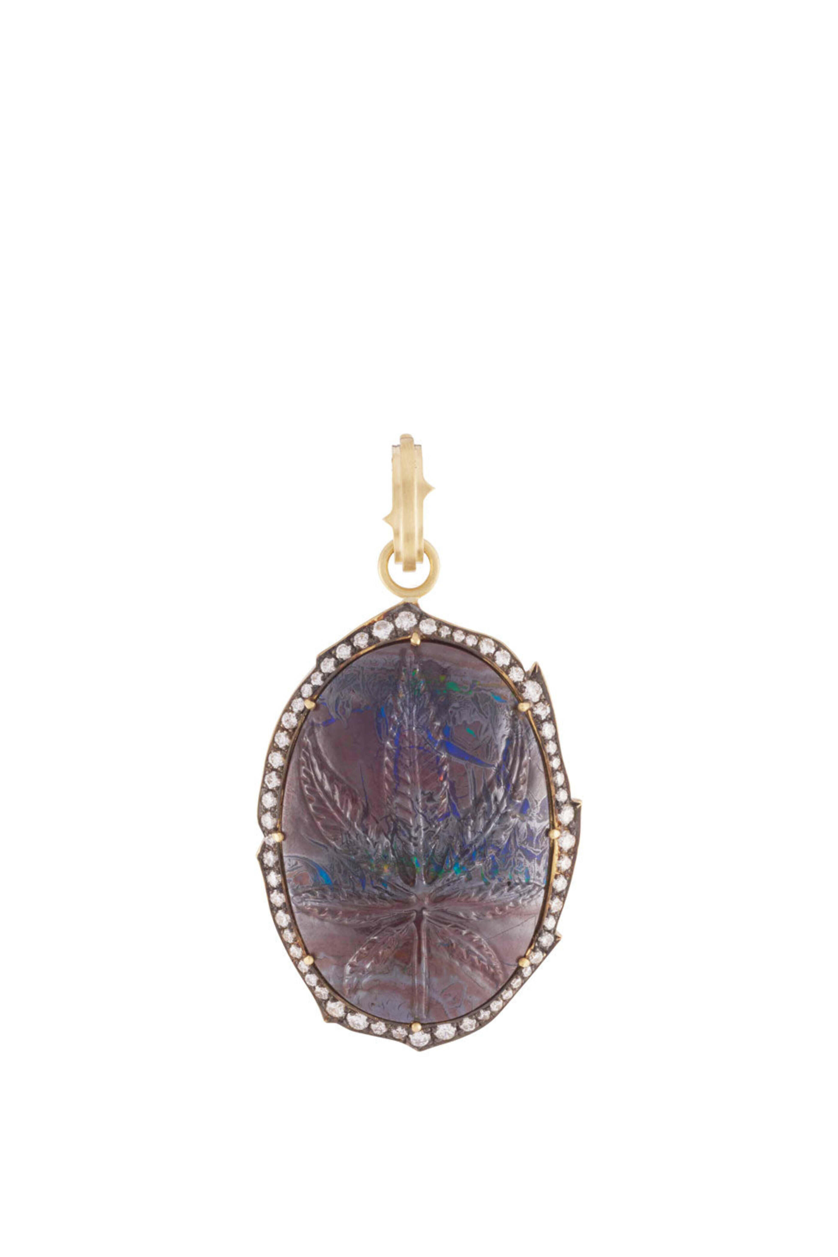 Sylva & Cie - Opal & Diamond Hand Carved Marijuana Leaf Pendant