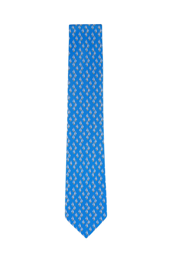 Ferragamo Light Blue Sailboat Print Silk Necktie - view 1
