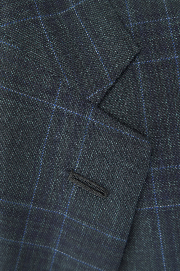 Kiton Green & Light Blue Windowpane Plaid Wool Sportcoat - view 3