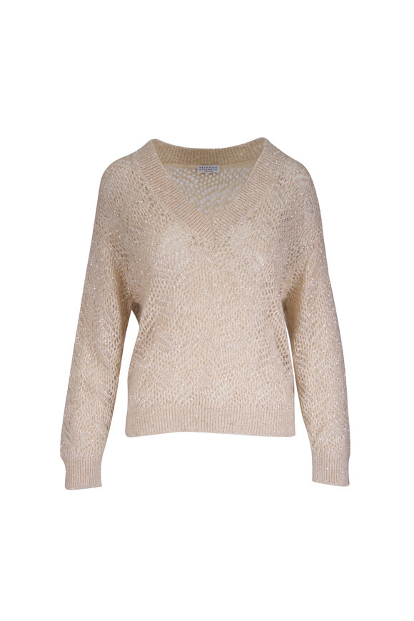 Brunello Cucinelli Cream Sequin Embellished Knit Prestige Sweater - view 1