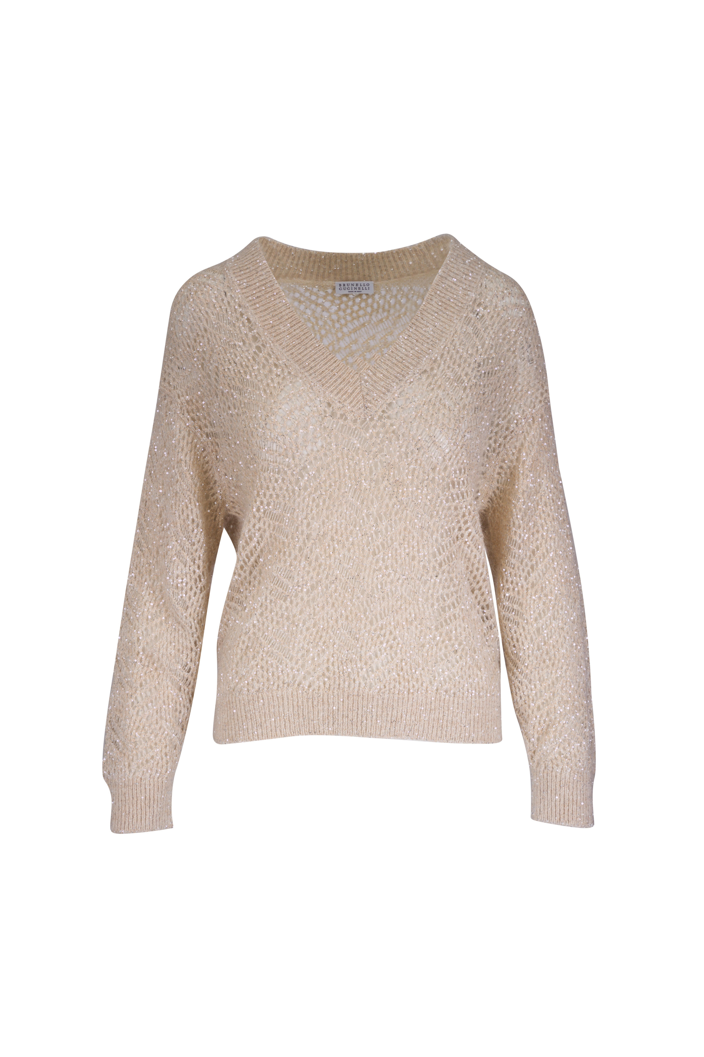 Brunello Cucinelli - Cream Sequin Embellished Knit Prestige Sweater - view 1