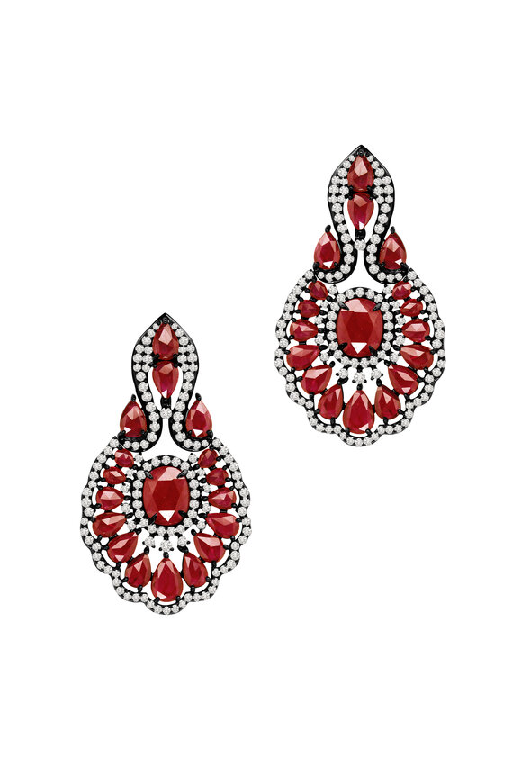 Sutra - 18K Rhodium Gold Ruby & Diamond Earrings