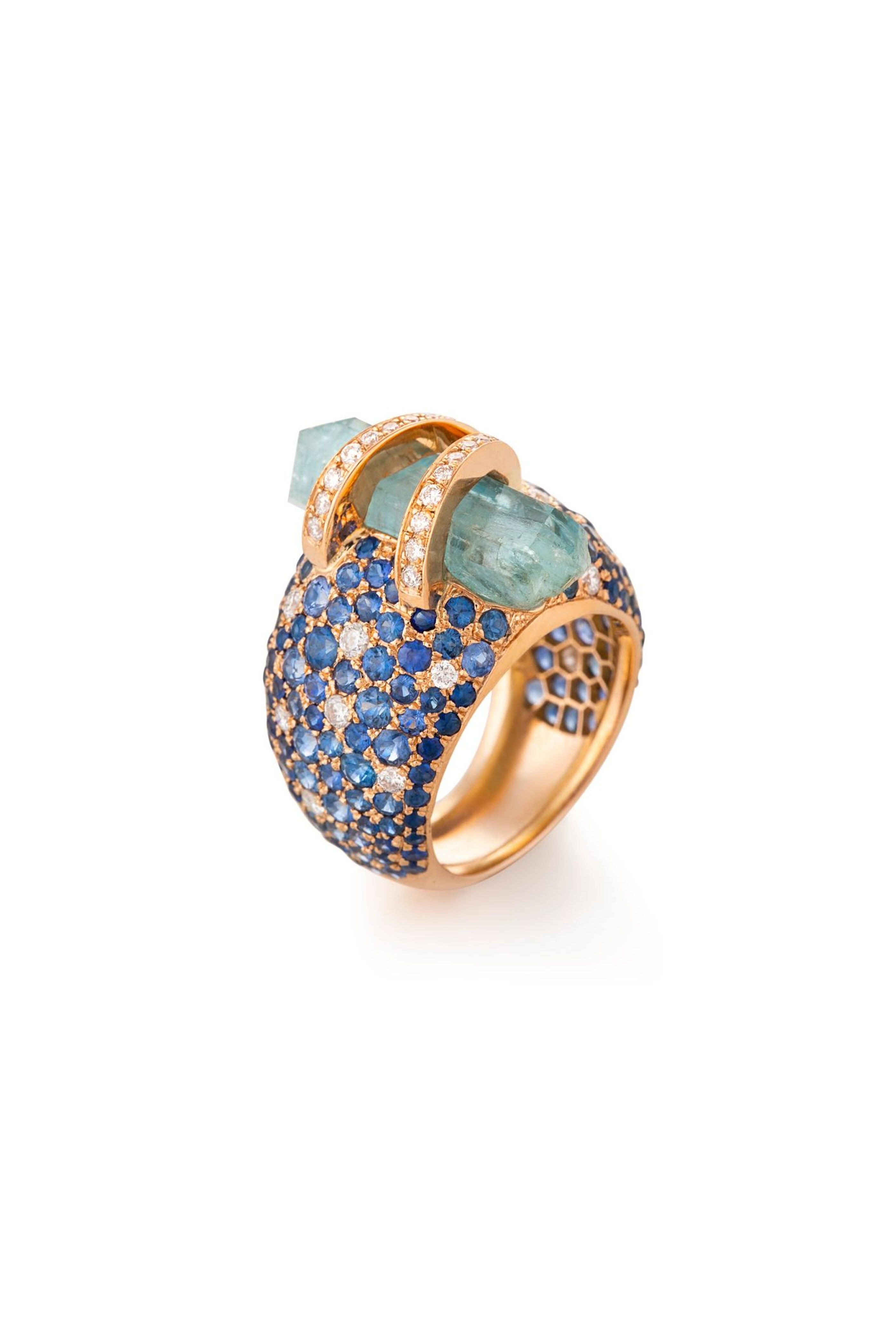 Clara Chehab - Lunar Blue Sapphire & Aquamarine Bombee Ring