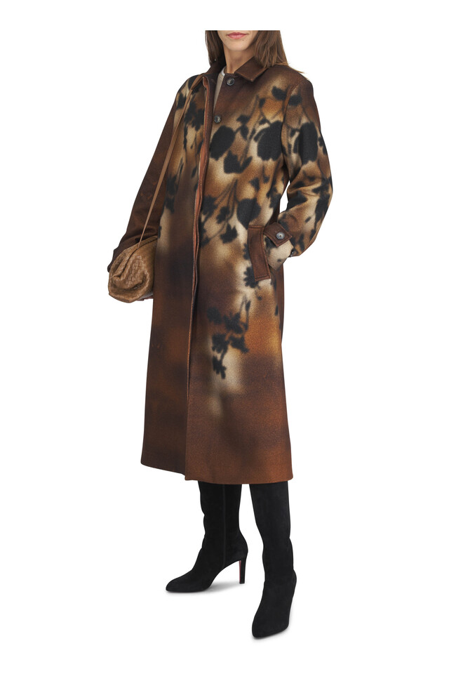 Designer outfit featuring Joplin Peppercorn Suede Ankle Boot, Mocha Floral Print Long Coat and 1 other piece