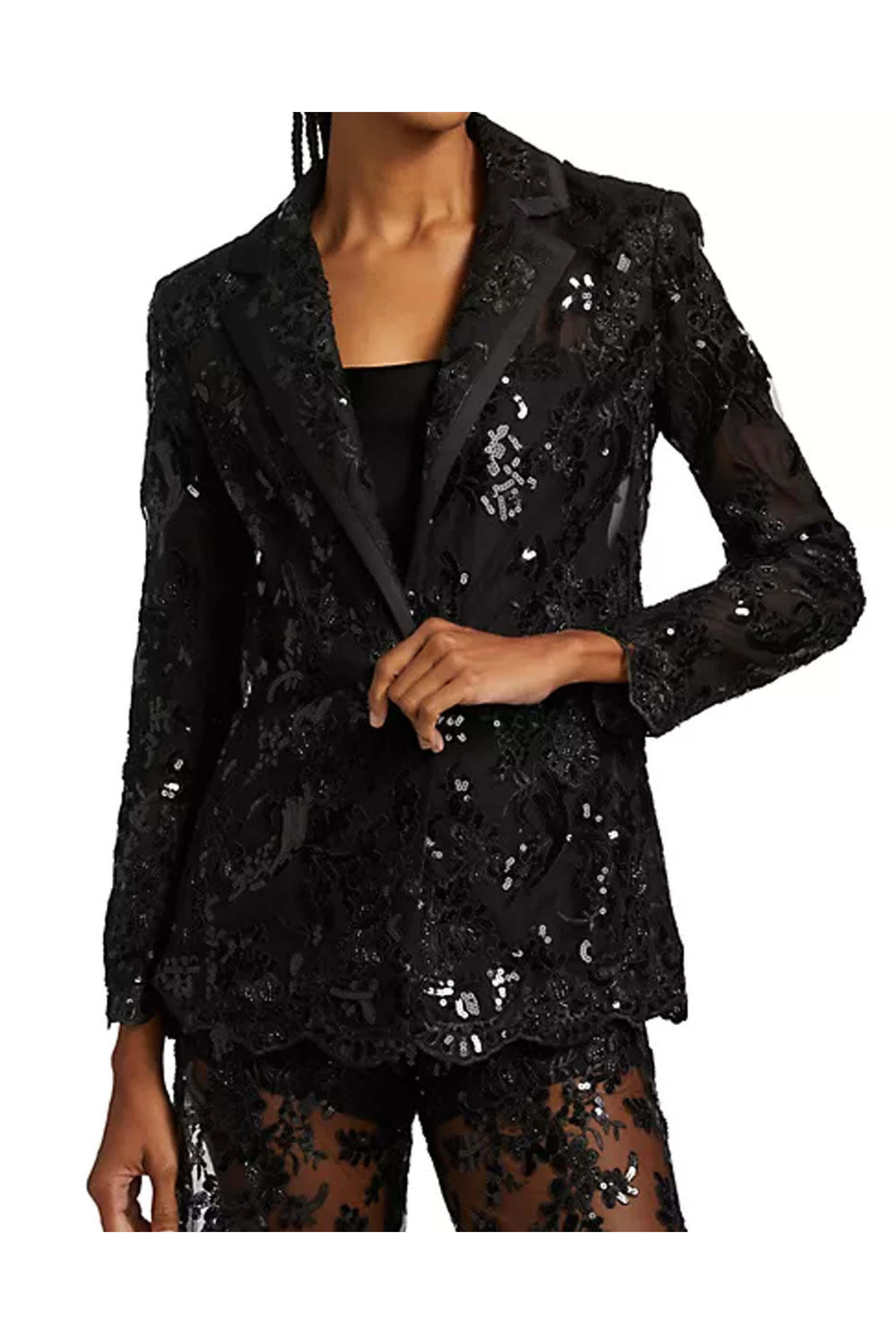 アンドコール　tulle pattern sheer jacket Floral-Threaded Sheer Jacket Dress with Detachable Necklace