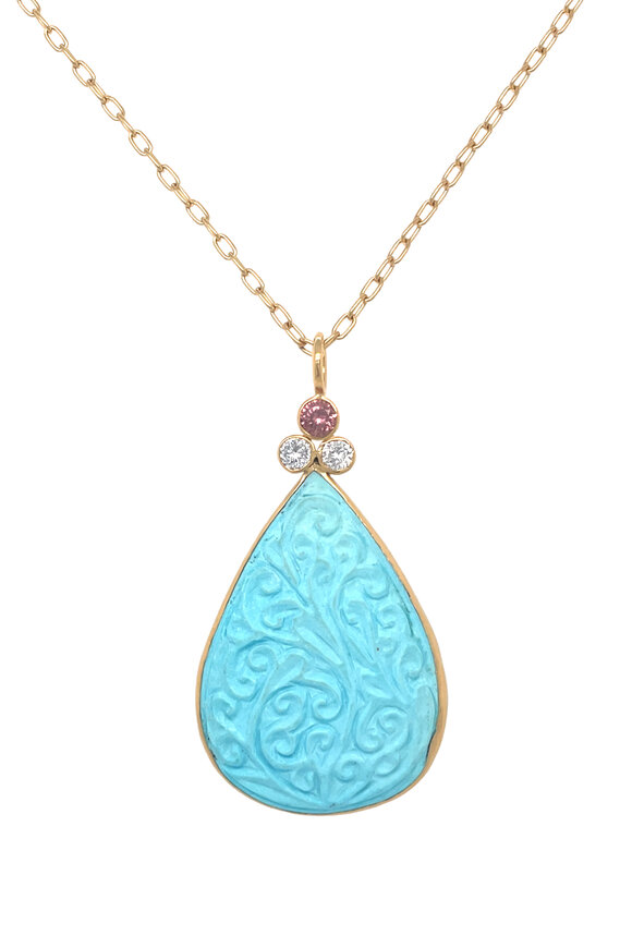 Ellen Hoffman 18k Yellow Gold Carved Turquoise Pendant Necklace - view 1