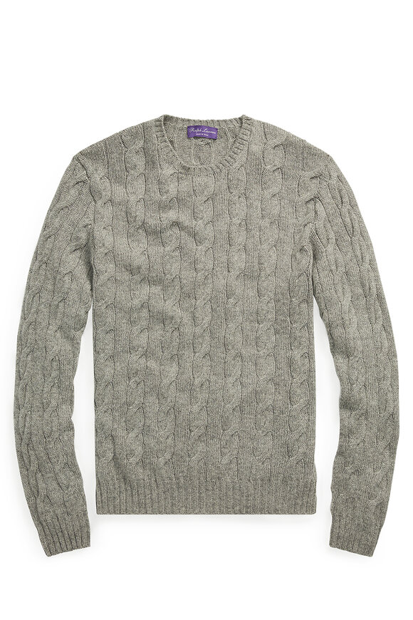 Ralph Lauren Purple Label - Light Gray Cashmere Cable Knit Crewneck Sweater