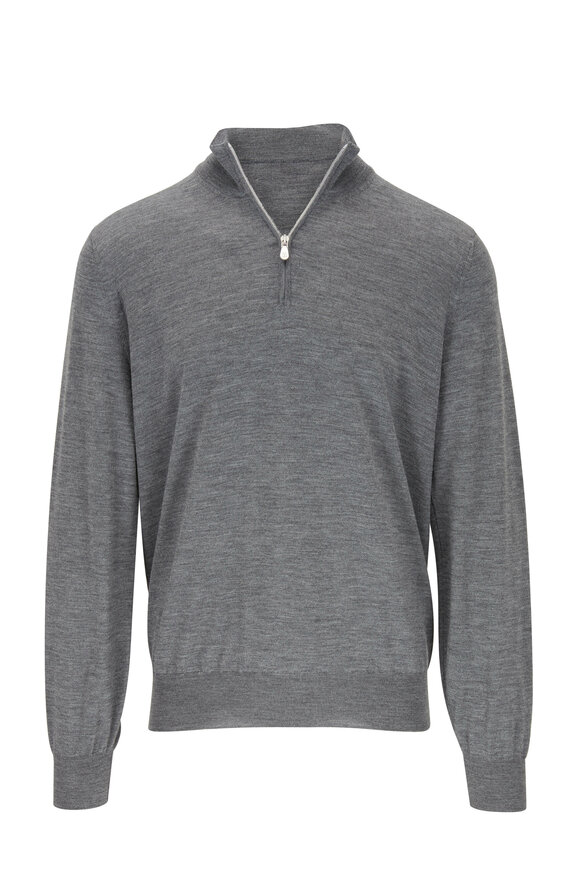 Brunello Cucinelli Medium Gray Wool & Cashmere Quarter Zip Pullover