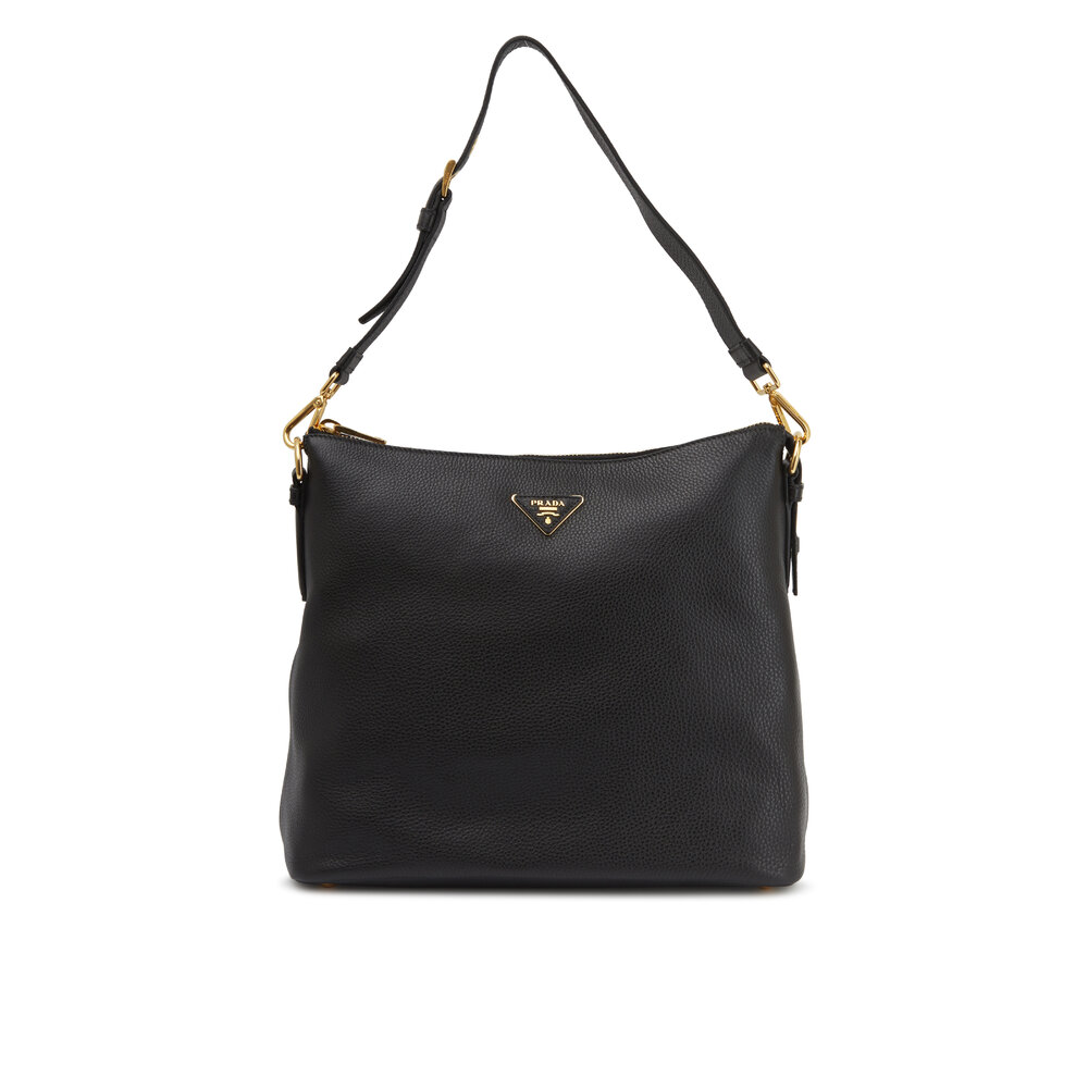 Prada - Black Vitello Leather Zip Hobo Bag | Mitchell Stores