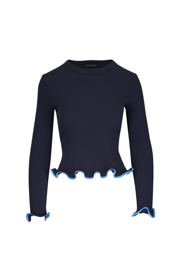 Veronica Beard Elianne Ruffle Trim Navy Blue Top