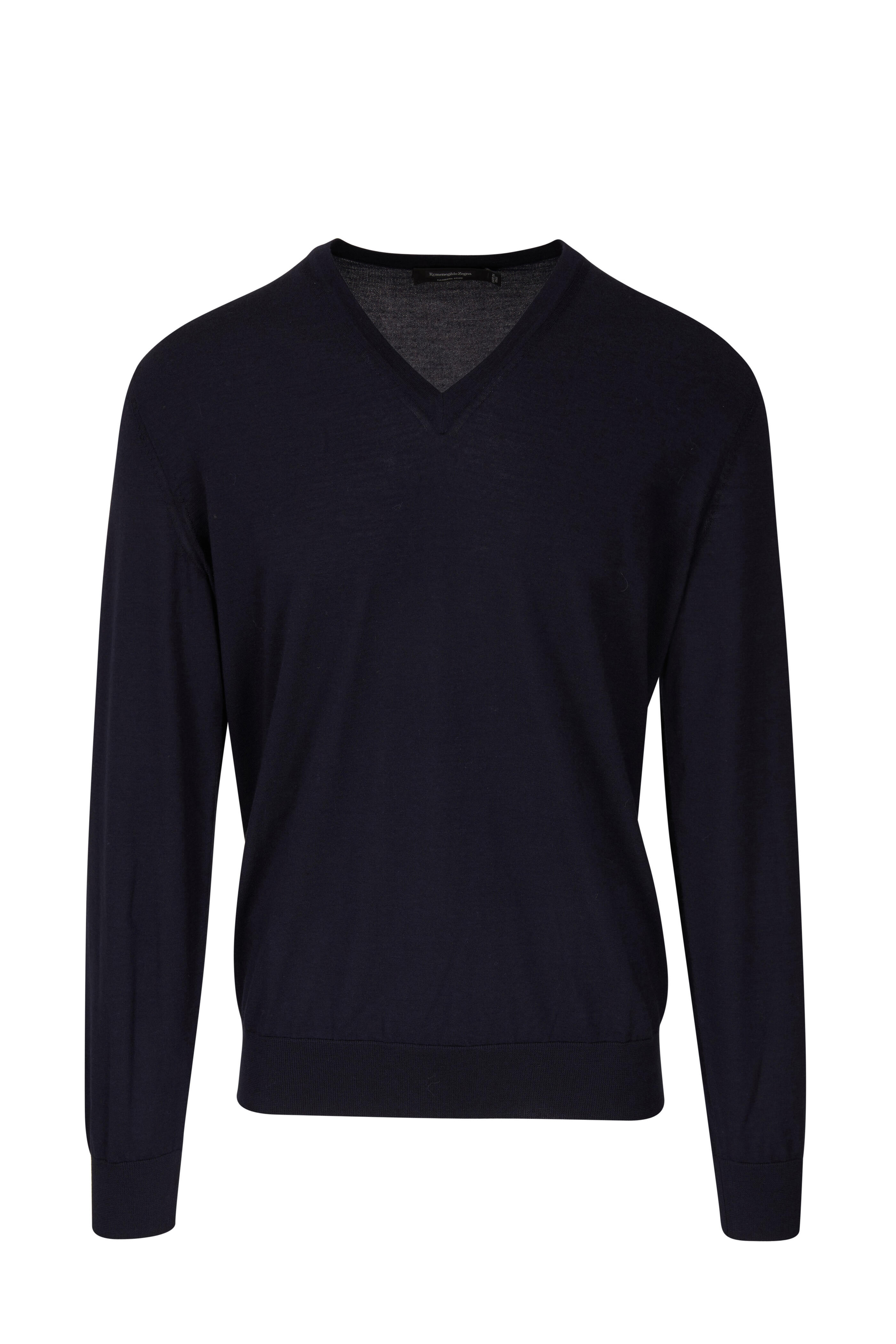 Zegna - Navy Cashmere & Silk V-Neck Pullover | Mitchell Stores
