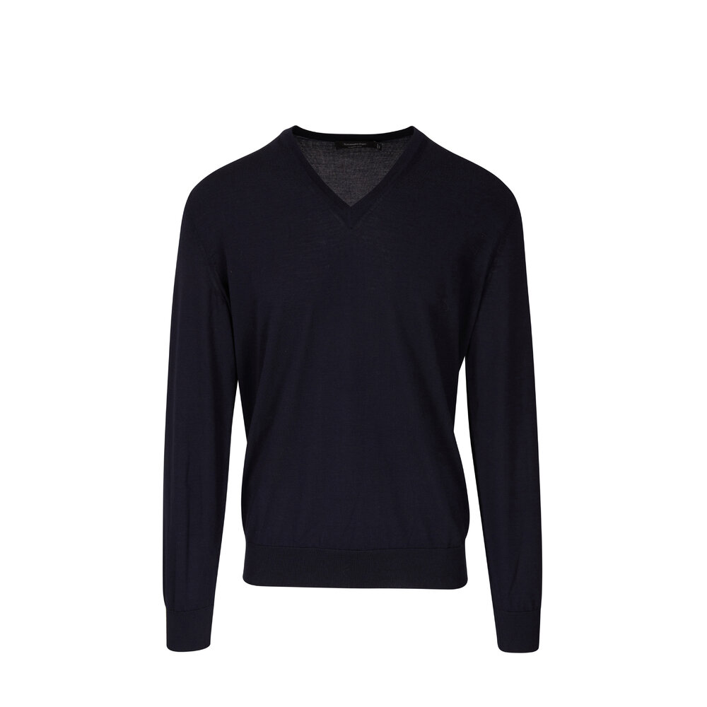 Zegna - Navy Cashmere & Silk V-Neck Pullover | Mitchell Stores