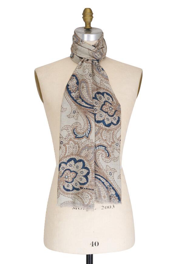 Kiton Taupe Floral Paisley Wool Scarf 