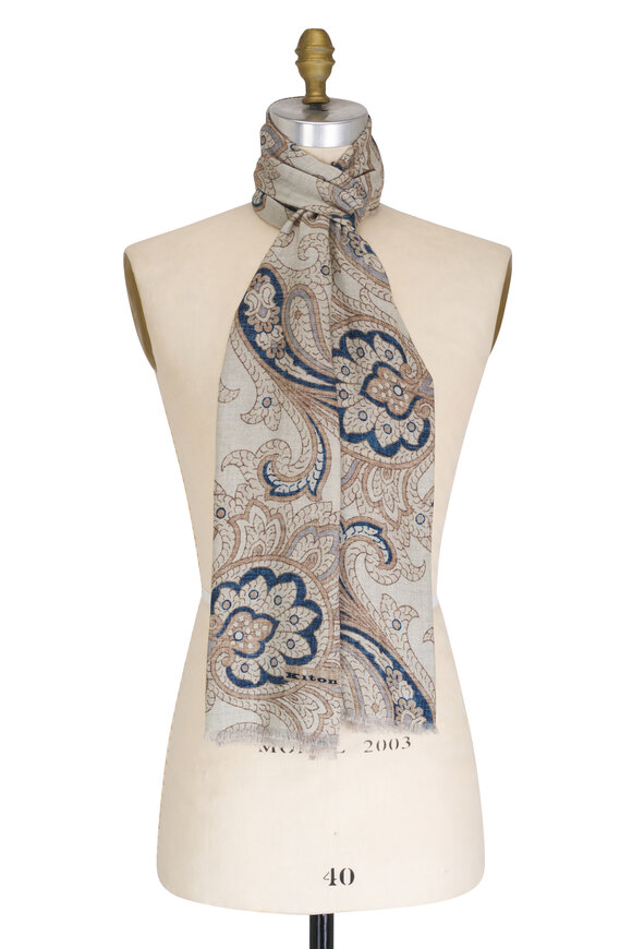 Kiton - Taupe Floral Paisley Wool Scarf 