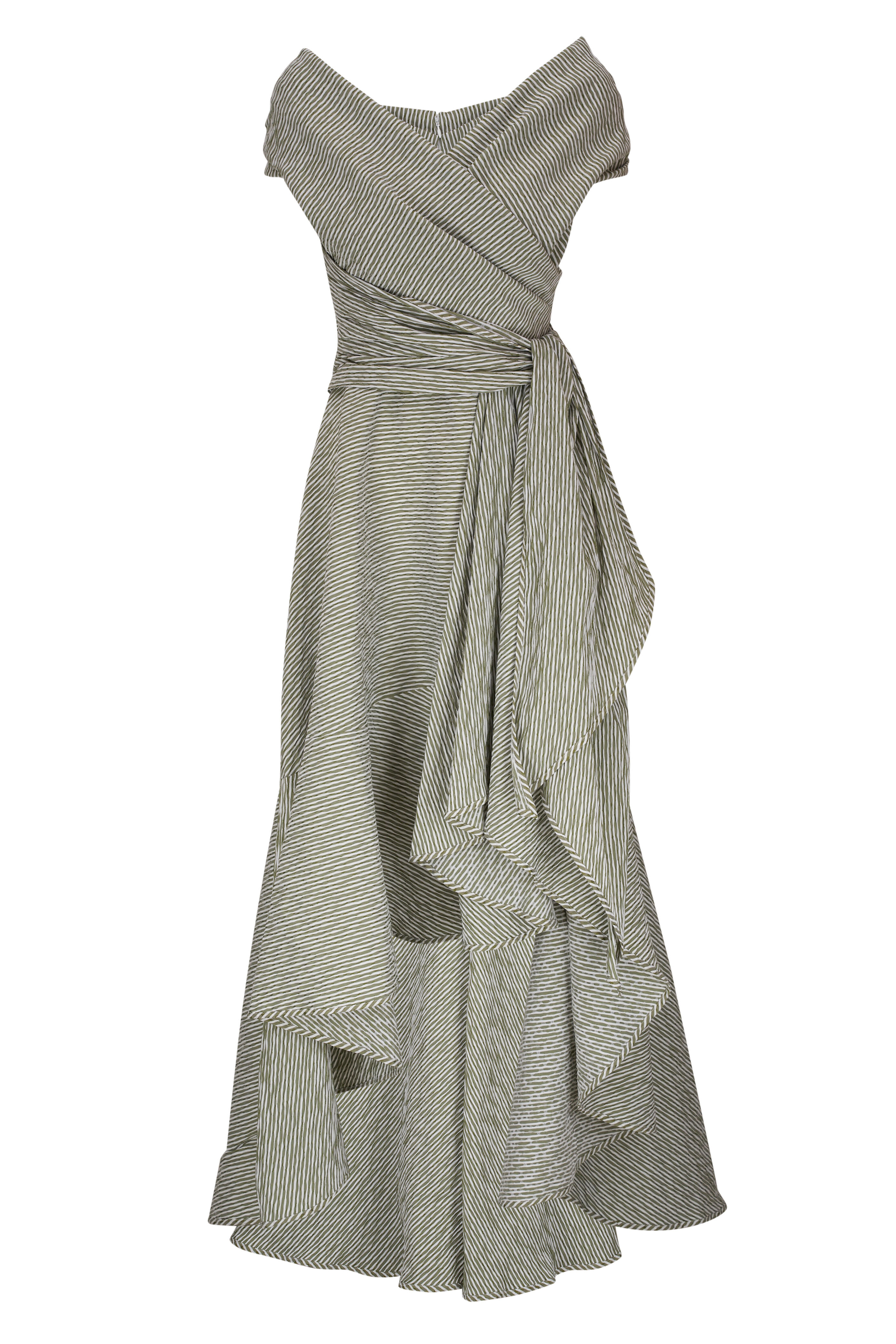Talbot Runhof - Khaki Green Striped High-Low Day Dress