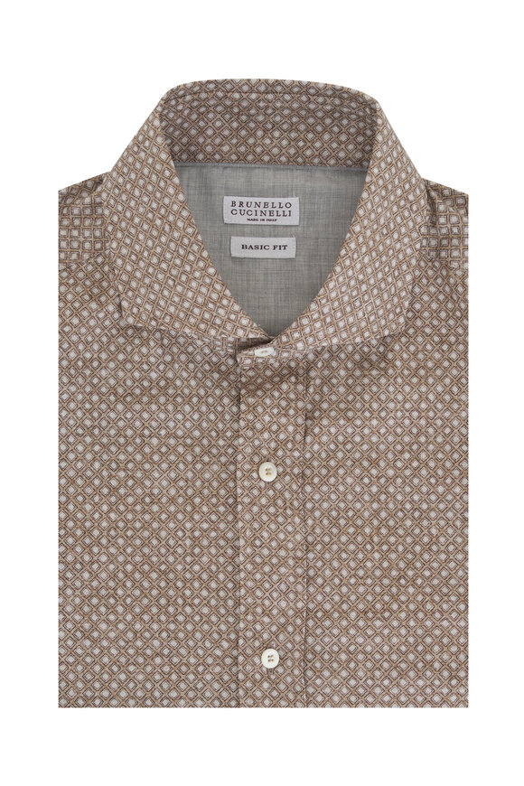 Brunello Cucinelli Brown Geometric Print Cotton Sport Shirt